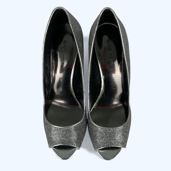 Nine West Danee Peep Toe Pumps Platform High Heels 7.5M Silver Glitter - Picture 6 of 9
